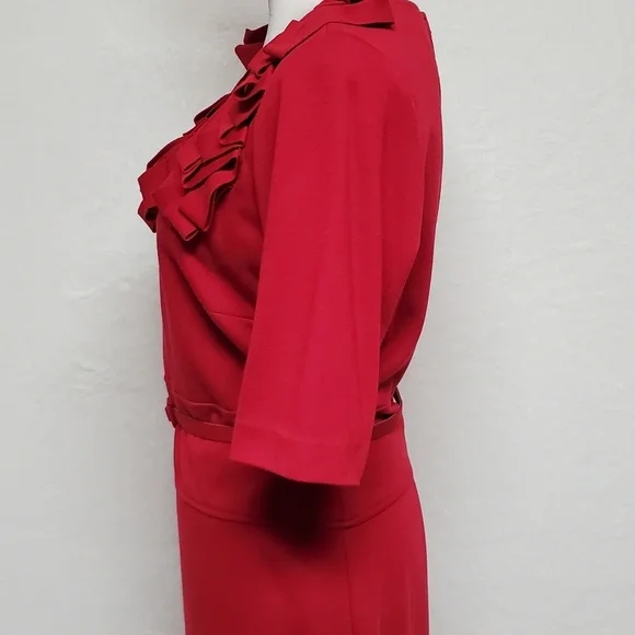 Retro Julian Taylor Red Front Ruffle Scoop Neck Belted Short Sleeve Midi Dress - Picture 8 of 15